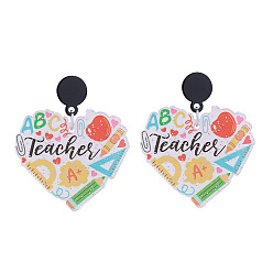 Сердце Подвесные серьги-гвоздики из акриловой блестящей пудры ко Дню учителя, платина, сердце, 57x30 мм