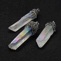 (966) Внутренний цвет Кристалл / Лиловато-лиловый на подкладке Гальванизированные натуральные кристаллы из кварцевого кристалла, с выводами горный хрусталь латунные полимерной глины, самородки, платина, с покрытием цвета радуги, 30~60x7~16 мм, отверстие : 3x8 мм