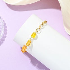 Настоящее золото 18K Браслеты из прямоугольных бусин из натурального янтаря., 304 женские браслеты-цепочки из нержавеющей стали, реальный 18 k позолоченный, 7.44 дюйм (18.9 см)