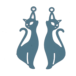 Cadet Blue 430 Stainless Steel Kitten Pendants, Spray Painted, Etched Metal Embellishments, Cat Silhouette Shape, Cadet Blue, 39x12x0.4mm, Hole: 1.6mm