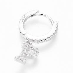 Letter P Rhodium Plated 925 Sterling Silver Hoop Earrings, Dangle Earrings, with Cubic Zirconia, with S925 Stamp, Letter, Clear, Platinum, Letter.P, 19.5mm, Pendants: about 8.5x5.2x1.5mm, Pin: 0.6mm