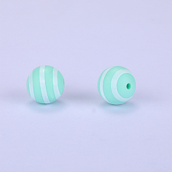 Aquamarine Printed Round with Stripe Pattern Silicone Focal Beads, Aquamarine, 15x15mm, Hole: 2mm