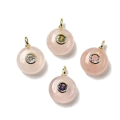 Розовый Кварц Плоские круглые подвески из натурального розового кварца, подвески из горного хрусталя с латунной микропаве кубическими цирконами, золотые, 17x12x7.5 мм, отверстие : 2x1 мм