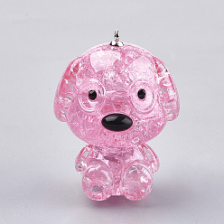 Pearl Pink Transparent Crackle Style Acrylic Puppy Pendants, with Zinc Alloy Findings, Pearlized, Dog Charms, Platinum, Pearl Pink, 49x36.5x32mm, Hole: 1.5mm