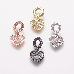 (52) Непрозрачная лаванда Латунь кубический цирконий европейские подвески с подвесками, Подвески с большими отверстиями, сердце, прозрачные, разноцветные, 16 мм, отверстие : 4.5 мм, Кулон : 9x9x1.5 мм