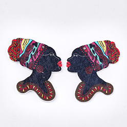 Colorful Left and Right Printed Wooden Big Pendants, Dyed, Girl, Colorful, 55x50x2.5mm, Hole: 1.8mm