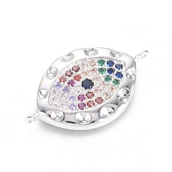 Platinum Brass Micro Pave Cubic Zirconia Links connectors, Long-Lasting Plated, Horse Eye, Colorful, Platinum, 14x24x2.5mm, Hole: 1.2mm