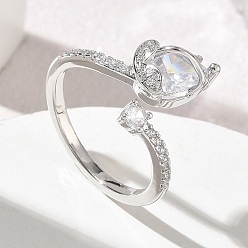 Platine Anneaux ouverts de manchette en laiton à micro-pavé de zircone cubique, fleur de tulipe, platine, taille us 7 1/4 (17.5 mm)