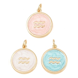 Aquarius Brass Enamel Pendants, Flat Round & Constellation Charms, Rack Plating, Long-Lasting Plated, Cadmium Free & Lead Free, Golden, Aquarius Charms, 17.5x15x2mm, Hole: 3mm