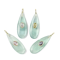Флюорит Естественный зеленый подвески флюорита, подвески-слезинки с латунной микропаве из кубических цирконий (случайного цвета), золотые, 41x13x7 мм, отверстие : 2.5x4 мм