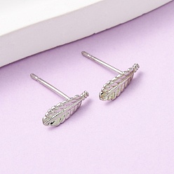 Платинированный Латунь серьги, перо, Реальная платина, 10x3.5 мм