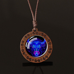 Телец Плоский круглый с двенадцатью созвездиями подвеска из синего стекла и дерева ожерелье из вощеной кожи шнур для женщин и мужчин, Телец, 16.93~33.86 дюйм (43~86 см)