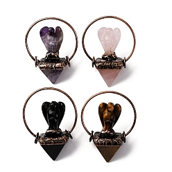 Смешанные камни Большие подвески в виде пирамидального ангела из натурального смешанного камня, с кольца прыжок из латуни, Красная медь, 57~60x41~42x22~23 мм, отверстие : 6.5 мм