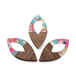Ярко-Розовый Подвески из орехового дерева, смола и золотая фольга, овальные, ярко-розовый, 47.5x24x3.5 мм, отверстие : 2 мм