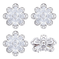 Платина 4 шт. 1 латунные пуговицы с прозрачными кубическими циркониями, паве, цветок, платина, 20x20.5x7.5 мм, отверстие : 2 мм
