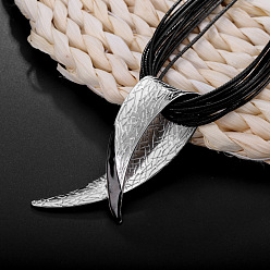 Platinum Alloy Twisted Horn Pendant Multi-strand Black Waxed Cord Necklaces for Women, Platinum, 19.69 inch(50cm)