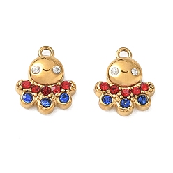 Squid 304 Stainless Steel Pendants,  with Rhinestone, Ion Plating(IP), Golden, Squid Charms, 10x8.5x2.5mm, Hole: 1mm