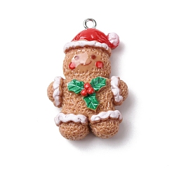 Gingerbread Man Рождественские подвески из непрозрачной смолы, с железной платиной петлей, Колобок, 36x23x11 мм, отверстие : 2 мм