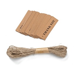 Mot Rectangle merci thème cordon de papier kraft cartes d'affichage, avec corde de chanvre 10m bundle, mot, 7x2x0.03 cm, Trou: 3mm, 50 pièces ; corde: 10 m de long, 2 mm de diamètre