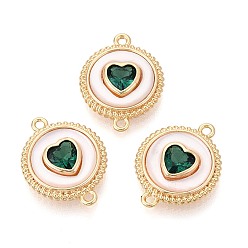 Настоящее золото 18K Подвески из латуни с зелеными кубическими циркониями, инкрустированными кристаллами, и соединительными элементами в виде ракушек., плоский круглый с сердечками, реальный 18 k позолоченный, 18x14x4 мм, отверстие : 1.2 мм