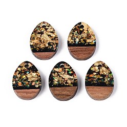 Черный Подвески из непрозрачной смолы и орехового дерева, слезинки, с блестящей пудрой и золотой фольгой, чёрные, 17.5x13x3 мм, отверстие : 2 мм