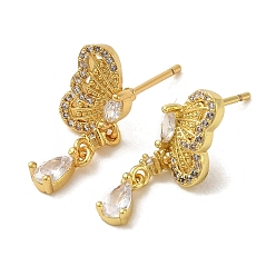 Real 18K Gold Plated Brass Stud Earrings, Cubic Zirconia, Cadmium Free & Lead Free, Butterfly, Real 18K Gold Plated, 21x7.5mm