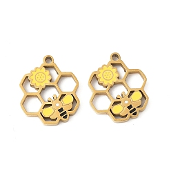 Желтый 304 нержавеющей стальной эмали подвески, соты с пчелами талисман, золотые, ионное покрытие (ip), желтые, 17x14x1.5 мм, отверстие : 1.2 мм