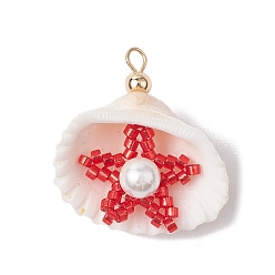 Малиновый Подвески в виде морских звезд и ракушек из бисера в форме цилиндра, подвески в форме ракушки с круглой ракушечной жемчужиной, золотые, малиновый, 27.5~28x26~27x8.5~11 мм, отверстие : 2 мм