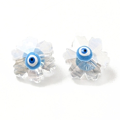 Deep Sky Blue Transparent Glass Beads, with Enamel, Faceted, Snowflake with Evil Eye Pattern, Deep Sky Blue, 12.5x14x9mm, Hole: 1.2mm