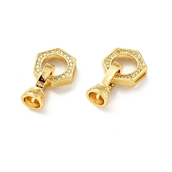 Golden Rack Plating Brass Micro Pave Clear Cubic Zirconia Fold Over Clasps, Cadmium Free & Lead Free, Long-Lasting Plated, Hexagon, Golden, Hexagon: 11x13mm, Clasp: 13.5x7mm, Inner Diameter: 4.3mm