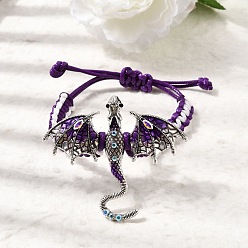 Темно-Фиолетовый Браслеты из сплава птерозавров, украшенные эмалью и стразами., Регулируемые браслеты из вощеного шнура для женщин и мужчин, античное серебро, темно-фиолетовый, внутренний диаметр: 2.01~3.35 дюйм (5.1~8.5 см)