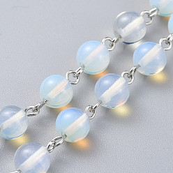 Opalite Handmade Opalite Round Beaded Chains, Unwelded, with Platinum Plated Iron Eye Pins, 39.37 inch(100cm), Beads: 8~8.5mm, 1m/strand