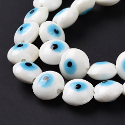 White Handmade Evil Eye Lampwork Beads Strands, Flat Round, White, 12.5x7.5mm, Hole: 1.6mm, about 33pcs/strand, 15.12''(38.4cm)