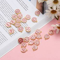 Flamingo Initial Letter A~Z Alphabet Enamel Charms, Flat Round Disc Double Sided Charms, Golden Plated Enamelled Sequins Alloy Charms, Flamingo, 14x12x2mm, Hole: 1.5mm, 26pcs/set