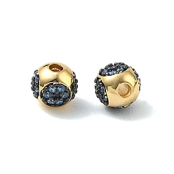 Real 18K Gold Plated Brass Micro Pave Marine Blue Cubic Zirconia Beads, Round, Cadmium Free & Lead Free, Rack Plating, Long-Lasting Plated, Real 18K Gold Plated, 6mm, Hole: 1.6mm
