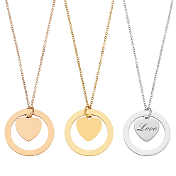 (52) Непрозрачная лаванда 3 шт. 3 цвета 304 ожерелья с подвесками из нержавеющей стали, плоско-круглые с сердцем, разноцветные, 17.72 дюйм (45 см), 1 шт / цвет