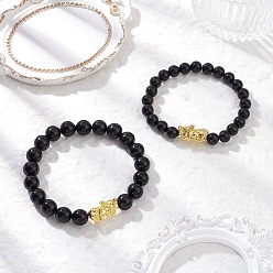 Обсидиан Комплекты эластичных браслетов из натурального обсидиана, Pi Xiu, с бусинами сплава, внутренний диаметр: 2-3/8 дюйм (6 см)