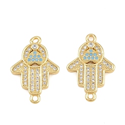 Real 18K Gold Plated Brass Micro Pave Deep Sky Blue Cubic Zirconia Connector Charms, Hamsa Hand with Heart Links, Rack Plating, Long-Lasting Plated, Cadmium Free & Lead Free, Real 18K Gold Plated, 21x14.5x2.5mm, Hole: 1.4mm