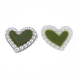 Dark Olive Green Acrylic Cabochons, with ABS Plastic Imitation Pearl Beads, Heart, Dark Olive Green, 21x24x5.5mm