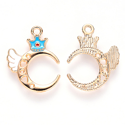 Sky Blue Alloy Pendant Rhinestone Settings, with Enamel, Moon with Wing & Crown, Light Gold, Sky Blue, Fit for 1mm Rhinestone, 22x18x2mm, Hole: 1.6mm