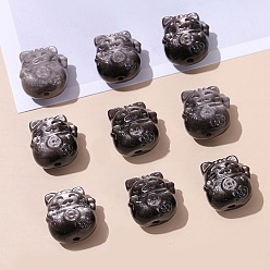 Cat Shape Натуральные серебряные бусины из обсидиана, форма кошки, 16x15x11 мм