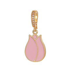 Бледно-Розовый Латунь эмаль подвески, тюльпан очарование, с кубического циркония, ионное покрытие (ip), реальный 18 k позолоченный, долговечный, розовый жемчуг, 18x11 мм