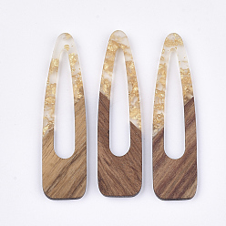Gold Resin & Walnut Wood Big Pendants, with Gold Foil, Snap Hair Clip Shape, Gold, 66~66.5x17x3~3.5mm, Hole: 1.5mm