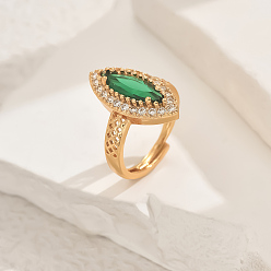 Зеленый Латунное микропаве кубический цирконий регулируемое кольцо на палец для женщин, лошадиный глаз , золотые, зелёные, 22x11 мм, внутренний диаметр: регулируемый