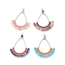 Mixed Stone Natural Mixed Gemstone Faceted Round Pendants, Teardrop Charms with Glass Beads, 39x28.5x3.5mm, Hole: 1.4mm
