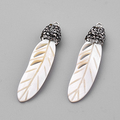 Seashell Color Freshwater Shell Pendants, with Rhinestone, Feather, Seashell Color, 42~43x10x2mm, Hole: 2mm