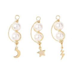 Золотой 3 шт. 3 стили подвески из круглой ракушки с медной проволокой и жемчугом, подвески из нержавеющей стали и латуни в виде луны, звезд и молний, белые, золотые, 38~42x13x8 мм, отверстие : 3 мм, 1 шт / стиль