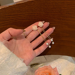 Золотой Серьги-гвоздики из розового сплава с кисточками из смолы, с пластиковой имитационной жемчужиной, золотые, 57x14 мм