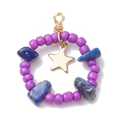 Ляпис-Лазурь Натуральные чипсы из ляпис-лазури и подвески из стеклянных семян, с 304 петлями из нержавеющей стали, кольцо с подвесками в виде звезд, 28~30x22~25x6~8 мм, отверстие : 1.5 мм