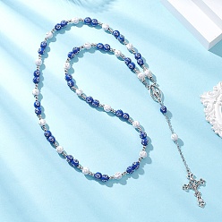 Синий Четки из акрила и пластика CCB с подвеской в виде креста из сплава., античное серебро, синие, 24.41 дюйм (62 см)